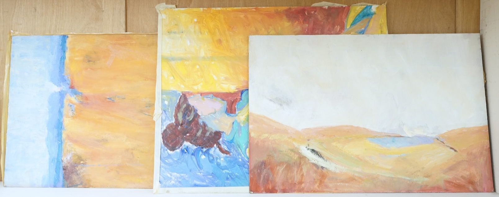Billie Newey (Contemporary), three abstracts, one titled ‘Red Dawn’, with another oil to the reverse of the board and a portrait of a lady, each signed, oils on board, largest 76 x 61cm, unframed